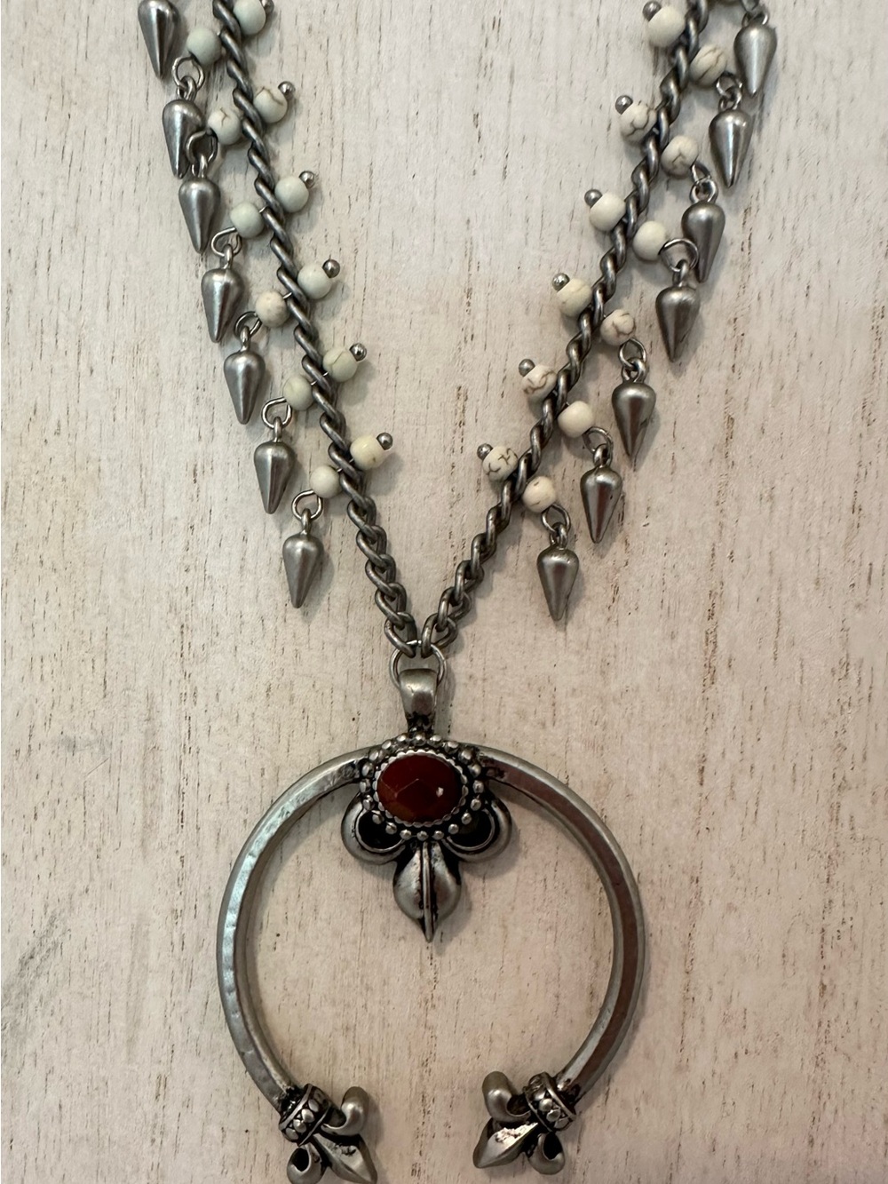 Silver-Tone White Bead Crescent Pendant Necklace w/ Burgundy Stone